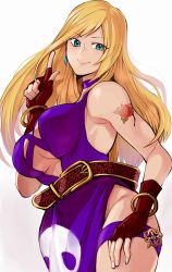 Rule 34 | 1girl, bare shoulders, belt, blonde hair, breasts, cleavage, dress, earrings, fatal fury, fingerless gloves, flower, futabamidori, gloves, gold bracelet, green eyes, hand on own thigh, highres, jenet behrn, jewelry, large breasts, long hair, purple dress, rose, simple background, skull print, sleeveless, smile, snk, tattoo, the king of fighters, thigh strap, thighs, white background