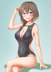 Rule 34 | 1girl, anti (untea9), black one-piece swimsuit, blue eyes, breasts, brown hair, clothing cutout, collarbone, covered navel, cowboy shot, crossed legs, embarrassed, gradient background, green background, hair between eyes, hair ornament, highres, jewelry, kantai collection, looking at viewer, maya (kancolle), medium breasts, one-piece swimsuit, open mouth, ring, short hair, sitting, solo, sweatdrop, swimsuit, twitter username, wedding band, x hair ornament