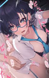 Rule 34 | 1boy, 1girl, bent over, black bra, blue archive, blue eyes, blue hair, blue necktie, blush, bra, breasts, chihiro (blue archive), commentary request, glasses, hair ornament, heart, heart-shaped pupils, hetero, highres, hikichi sakuya, large breasts, necktie, open mouth, sex, sex from behind, shirt, short hair, solo focus, symbol-shaped pupils, thighs, underwear, white shirt