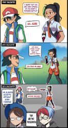 Rule 34 | 1boy, 3girls, 3koma, absurdres, annoyed, ash ketchum, backpack, bag, baseball cap, black hair, black pantyhose, blue hair, blue headwear, blue jacket, blue shorts, braid, breasts, brown hair, closed mouth, collared shirt, comic, commentary, creatures (company), dark-skinned female, dark skin, day, duel, english commentary, english text, game freak, glasses, gloves, grass, green hair, hand in pocket, hand on headwear, hat, highres, holding, holding poke ball, hood, hoodie, jacket, juliana (pokemon), light blue hair, long hair, looking at another, medium breasts, multicolored hair, multiple girls, naranja academy school uniform, necktie, nemona (pokemon), nintendo, open clothes, open jacket, open mouth, orange eyes, orange necktie, orange shorts, outdoors, pantyhose, pantyhose under shorts, penny (pokemon), pointing, pointing at another, pointing forward, poke ball, poke ball (basic), pokemon, pokemon (anime), pokemon journeys, pokemon sv, red hair, red headwear, rikininii (rickking2002), round eyewear, school uniform, self-upload, shirt, short hair, short sleeves, shorts, single glove, sleeveless, sleeveless jacket, smile, sparkling eyes, speech bubble, standing, streaked hair, striped clothes, striped shorts, sweat, teeth, time lapse, upper teeth only, vertical-striped clothes, vertical-striped shorts, white shirt