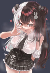 Rule 34 | 1girl, absurdres, black necktie, black skirt, breasts, center frills, cowboy shot, detached sleeves, double bun, fellatio gesture, frilled skirt, frills, hair bun, hair ornament, hair ribbon, handjob gesture, heart, heart-shaped pupils, high-waist skirt, highres, kani no miso, leaning to the side, long hair, looking at viewer, medium breasts, miniskirt, multicolored hair, necktie, nijisanji, official alternate costume, open mouth, oral invitation, pink nails, plaid necktie, pleated skirt, rabbit hair ornament, red eyes, ribbon, saliva, sexually suggestive, shirt, skirt, sleeveless, sleeveless shirt, smile, solo, split-color hair, streaked hair, symbol-shaped pupils, tongue, tongue out, very long hair, virtual youtuber, white shirt, wing collar, x hair ornament, yorumi rena, yorumi rena (11th costume)