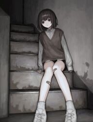 Rule 34 | 1girl, bandaid, bandaid on knee, bandaid on leg, black shorts, blurry, blurry foreground, brown eyes, brown hair, brown sweater vest, closed mouth, collared shirt, commentary, grey shirt, highres, indoors, kiro (ntcm8883), long sleeves, looking at viewer, medium hair, original, ringed eyes, shirt, shoes, short shorts, shorts, sitting, sitting on stairs, sleeves past wrists, socks, solo, stairs, sweater vest, white footwear, white socks
