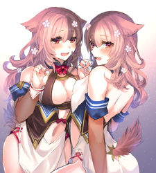 Rule 34 | 2girls, animal ears, bad id, bad pixiv id, bare hips, bare shoulders, blue nails, blush, bow, breasts, brown hair, brown sleeves, claw pose, cleavage, collarbone, commentary request, detached sleeves, dress, fang, fingernails, flower, hair between eyes, hair flower, hair ornament, hands up, highres, long hair, long sleeves, medium breasts, military, military uniform, multiple girls, nail polish, naval uniform, navel, open mouth, original, pink flower, red bow, red eyes, red nails, shikino yuki, sleeveless, sleeveless dress, tail, uniform, white dress
