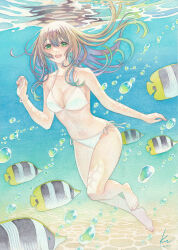 Rule 34 | 1girl, air bubble, bikini, bracelet, breasts, brown hair, bubble, fish, floating hair, full body, green eyes, highres, jewelry, k.nishiyama, large breasts, long hair, looking at viewer, navel, open mouth, original, painting (medium), reflection, side-tie bikini bottom, smile, solo, swimsuit, traditional media, underwater, very long hair, watercolor (medium)