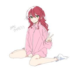 Rule 34 | 1girl, bocchi the rock!, borrowed clothes, closed mouth, commentary request, danji bang, green eyes, highres, jacket, kita ikuyo, korean commentary, korean text, long hair, long sleeves, looking at viewer, one side up, pink jacket, red hair, simple background, smile, socks, solo, track jacket, translation request, v, white background, white socks