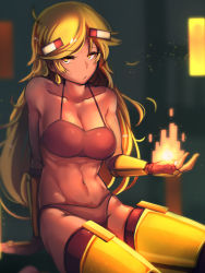 Rule 34 | 1girl, :/, ahoge, arm guards, armor, at2., bare shoulders, bikini, blaze (minecraft), blaze rod, blonde hair, blurry, blurry background, boots, breasts, cleavage, closed mouth, collarbone, dark-skinned female, dark skin, depth of field, fingerless gloves, fire, fire, gloves, greaves, halterneck, highres, long hair, looking at viewer, medium breasts, minecraft, navel, personification, red bikini, red gloves, red thighhighs, sitting, solo, stomach, swept bangs, swimsuit, thigh boots, thighhighs, thighhighs under boots, toned, tsurime, very long hair, yellow eyes, yellow footwear