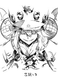 Rule 34 | 1girl, arc system works, cape, demon wings, evil grin, evil smile, familiar, greyscale, grin, guilty gear, guilty gear xrd, hat, japanese text, jin (mugenjin), long hair, looking at viewer, lucifero (guilty gear), monochrome, ramlethal valentine, sharp teeth, simple background, smile, solo, teeth, text focus, translation request, tsurime, upper body, white background, white hair, wings