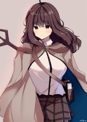Rule 34 | 1girl, absurdres, bag, blush, breasts, brown cloak, brown eyes, brown hair, brown skirt, cloak, collared shirt, commentary, english commentary, handbag, head tilt, highres, large breasts, long hair, looking at viewer, original, shirt, shirt tucked in, skirt, smile, solo, white shirt, zyrus