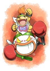 Rule 34 | 1boy, :d, anger vein, arm up, artist name, bandana, bowser jr., boxing gloves, bracelet, claws, commentary, commentary request, english commentary, fang, full body, gloves, grin, highres, horns, jewelry, junior clown car, looking at viewer, mario (series), mixed-language commentary, nintendo, open mouth, orange background, red gloves, red hair, simple background, smile, solo, standing, super smash bros., teeth, v-shaped eyebrows, white background, white bandana, yamato koara, yellow eyes