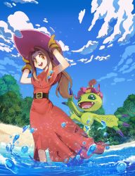 Rule 34 | 1girl, :d, absurdres, arms up, beach, belt, belt buckle, blue sky, brown belt, buckle, capelet, cloud, cloudy sky, currynoodle, day, digimon, digimon (creature), digimon adventure, dress, gloves, hair intakes, hands on headwear, hat, highres, long hair, open mouth, orange eyes, outdoors, palmon, partially submerged, pink hat, ponytail, red capelet, red dress, sky, smile, solo, sparkle, tachikawa mimi, teeth, tree, wading, water, yellow gloves