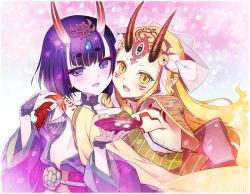 Rule 34 | 2girls, artist name, bad id, bad twitter id, breasts, carnelian, cherry blossoms, choko (cup), cup, facial mark, fang, fate/grand order, fate (series), headpiece, horns, ibaraki douji (fate), long hair, looking at viewer, multiple girls, open mouth, petals, pointy ears, purple hair, short eyebrows, short hair, shuten douji (fate), sideboob, skin-covered horns, tattoo, yellow eyes