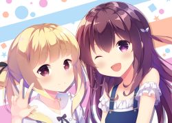 Rule 34 | .com (bot com1), 2girls, abstract background, bare shoulders, blonde hair, blouse, blush, bow, braid, brown hair, dress, frilled shirt collar, frilled sleeves, frills, girlish number, hair ornament, hair ribbon, jewelry, karasuma chitose (girlish number), looking at viewer, multiple girls, necklace, one eye closed, open mouth, overalls, pinafore dress, purple eyes, red eyes, ribbon, shadow, shirt, side braid, sleeveless dress, smile, sonou momoka, upper body, v, white shirt