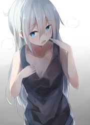 Rule 34 | 10s, 1girl, bad id, bad pixiv id, bare arms, black shirt, blue eyes, blush, breasts, collarbone, gradient background, hair between eyes, hibiki (kancolle), highres, kantai collection, looking at viewer, miyabino (miyabi1616), mole, mole on body, open mouth, shirt, silver hair, sleeveless, sleeveless shirt, small breasts, solo, standing, sweat