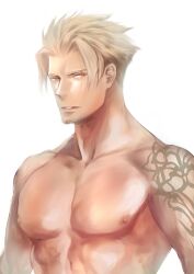 Rule 34 | 1boy, 6 (brm6), abs, beowulf (fate), blonde hair, facial hair, fate/grand order, fate (series), goatee, large pectorals, looking at viewer, male focus, mature male, muscular, muscular male, nipples, no scar, parted lips, pectorals, red eyes, scar, scar on chest, short hair, solo, stomach, topless male, upper body