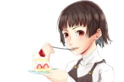 Rule 34 | 1girl, artist name, artist request, black vest, blunt bangs, blush, braid, breasts, brown hair, cake, crown braid, female focus, food, holding, holding plate, holding spoon, long sleeves, looking at viewer, niijima makoto, parted lips, persona, persona 5, persona 5 the royal, plate, red eyes, school uniform, shirt, short hair, shuujin academy school uniform, small breasts, smile, solo, spoon, strawberry shortcake, sweater, sweater vest, turtleneck, turtleneck sweater, upper body, vest, white background, white shirt, white sweater
