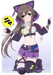 Rule 34 | 1girl, animal ears, artist name, assault lily, asura ueda, asymmetrical legwear, belt, black belt, black bow, black footwear, black gloves, black thighhighs, blue belt, border, bow, breasts, brown hair, buckle, cat ears, cleavage, cleavage cutout, clothing cutout, commentary request, commission, crop top, crossed bangs, dated, fake animal ears, fingerless gloves, gloves, gradient background, green eyes, grey background, hair between eyes, hair bow, hands up, highres, knee pads, kneeling, long hair, looking at viewer, medium breasts, midriff, miniskirt, mismatched legwear, multiple belts, navel, official alternate costume, outside border, parted lips, ponytail, purple bow, purple skirt, serizawa chikaru, shirt, shoes, shrug (clothing), sidelocks, single knee pad, skeb commission, skirt, sleeveless, sleeveless shirt, smile, snap-fit buckle, solo, speech bubble, stomach, thigh strap, thighhighs, translated, two-tone bow, white background, white border, white shirt, white thighhighs, zettai ryouiki