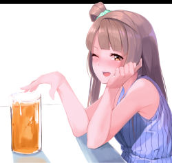 Rule 34 | 10s, 1girl, arm support, brown eyes, brown hair, cup, drinking glass, ginopi, highres, long hair, looking at viewer, love live!, love live! school idol project, matching hair/eyes, minami kotori, one eye closed, one side up, open mouth, smile, solo