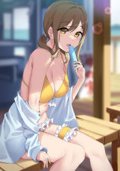 Rule 34 | 1girl, absurdres, bench, bikini, blurry, blurry background, breasts, bridal garter, brown eyes, brown hair, cleavage, food, frilled bikini, frills, hand up, highres, holding, holding food, kunikida hanamaru, large breasts, lens flare, long hair, looking at viewer, love live!, love live! sunshine!!, low twintails, off shoulder, open mouth, popsicle, shirt, sidelocks, sitting, solo, strap gap, swimsuit, teeth, twintails, upper teeth only, white shirt, yamaori (yamaorimon), yellow bikini