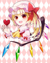 Rule 34 | 1girl, argyle, argyle background, argyle clothes, ascot, blonde hair, bow, chitose (usacan), flandre scarlet, hat, hat bow, heart, highres, mob cap, open mouth, puffy short sleeves, puffy sleeves, red eyes, short sleeves, side ponytail, smile, solo, touhou, upper body, wings, wrist cuffs
