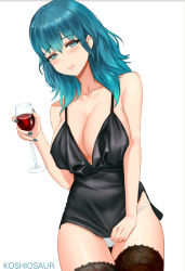 Rule 34 | 1girl, alternate costume, artist name, bad id, bad pixiv id, blue eyes, blue hair, blue nails, blush, breasts, byleth (female) (fire emblem), byleth (fire emblem), cleavage, closed mouth, cup, drinking glass, fire emblem, fire emblem: three houses, holding, holding cup, koshio, large breasts, looking at viewer, medium hair, nail polish, nintendo, simple background, smile, solo, white background, wine glass