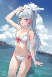 Rule 34 | 1girl, absurdres, arm up, ayaka (genshin impact), bare arms, bare shoulders, bikini, blue eyes, blue hair, blue sky, blunt bangs, breasts, cleavage, cloud, collarbone, commentary, cowboy shot, day, front-tie bikini top, front-tie top, genshin impact, highres, long hair, looking at viewer, mas (maseu), medium breasts, nail polish, navel, parted lips, ponytail, side-tie bikini bottom, sky, solo, standing, stomach, swimsuit, thighs, very long hair, wading, water, wet, white bikini, white nails