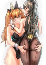 Rule 34 | 2girls, absurdres, ass, ass grab, bare shoulders, blush, breasts, brown eyes, brown hair, come hither, deep skin, embarrassed, from behind, girls&#039; frontline, green eyes, highres, leotard, long hair, looking at viewer, looking back, medium breasts, multiple girls, naughty face, pantyhose, playboy bunny, rabbit ears, rabbit tail, scar, scar across eye, scar on face, shiny clothes, shiny skin, smile, tail, task-late, twintails, ump45 (girls&#039; frontline), ump9 (girls&#039; frontline)