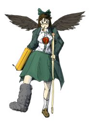 Rule 34 | 1girl, arm cannon, black eyes, black wings, bow, brown hair, commentary, contemporary, crutch, drsunshine, female focus, full body, glasses, hair bow, lab coat, loafers, looking at viewer, raised eyebrows, reiuji utsuho, shirt, shoes, simple background, skirt, smoking pipe, socks, solo, third eye, touhou, walking, weapon, white background, white socks, wings