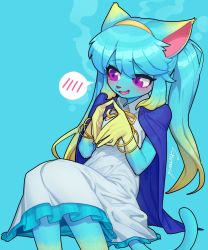 Rule 34 | 1girl, :3, :d, animal ears, blonde hair, blue background, blue hair, blue skin, blush, cat ears, cat tail, colored skin, fang, furry, furry female, gradient fur, gradient hair, gradient skin, hairband, highres, invisible chair, long hair, multicolored hair, open mouth, original, signature, simple background, sitting, smile, solo, sparrowl, spoken blush, tail, twintails, yellow hairband, yellow skin