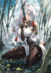 Rule 34 | 1girl, absurdres, bamboo, bamboo forest, black bodysuit, blurry, bodysuit, braid, breasts, bridal gauntlets, cloud, cloudy sky, commentary request, depth of field, detached sleeves, earrings, forest, genshin impact, grey eyes, grey hair, hair ornament, hair over one eye, highres, in water, jewelry, lankuchashuangjielong, large breasts, licking, long hair, looking at viewer, low-tied long hair, low ponytail, nature, polearm, shenhe (genshin impact), short sleeves, sidelocks, single braid, sitting, sky, solo, wariza, weapon