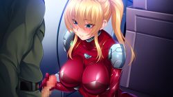 Rule 34 | 1girl, blonde hair, blue eyes, blush, bodysuit, breasts, censored, closed mouth, embarrassed, from above, game cg, handjob, head out of frame, huracan, indoors, kyonyuu onna shikan sennou saimin, large breasts, lisa lindy, long hair, looking down, lune (company), mosaic censoring, original, penis, pilot suit, red bodysuit, shiny clothes, smile, solo focus, standing, twintails