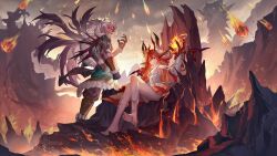 Rule 34 | 1boy, 1girl, absurdres, archeland, bare legs, barefoot, breasts, crossed legs, fire, fireball, highres, holding, horns, long hair, medium breasts, meteor shower, lava, outdoors, pointy ears, red eyes, red hair, sitting, standing, throne, weapon, white hair, wings, xiaoguolidun