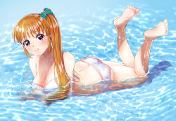 Rule 34 | 1girl, aqua scrunchie, ass, back, barefoot, bikini, breasts, brown hair, butt crack, cleavage, closed mouth, commentary request, dropping, floral print, hair ornament, hair scrunchie, legs up, long hair, looking at viewer, lying, lyrical nanoha, mahou shoujo lyrical nanoha strikers, medium breasts, nun (nun lily), on stomach, partially submerged, pink bikini, pool, print bikini, purple eyes, scrunchie, side ponytail, sidelocks, smile, solo, strap slip, swimsuit, takamachi nanoha, twitter username, water, wet