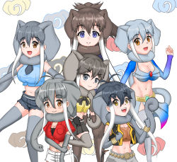 Rule 34 | 6+girls, african elephant (kemono friends), african forest elephant (kemono friends), animal ears, antenna hair, bare shoulders, belt, blue eyes, blue shirt, borneo elephant (kemono friends), breast pocket, breasts, brown eyes, brown hair, brown neckwear, cleavage, closed mouth, crop top, cropped shirt, cutoffs, dark-skinned female, dark skin, denim, denim shorts, detached sleeves, elbow gloves, elephant ears, elephant tail, extra ears, fur collar, gloves, gold belt, gold bracelet, grey eyes, grey gloves, grey hair, grey neckwear, hair between eyes, indian elephant (kemono friends), japari symbol, kemono friends, long hair, long sleeves, mammoth (kemono friends), medium hair, micro shorts, midriff, multicolored hair, multiple girls, navel, necktie, open mouth, orange eyes, pocket, red shirt, scarf, shirt, short shorts, shorts, shrug (clothing), simple background, sleeveless, sleeveless shirt, smile, sumatran elephant (kemono friends), tail, thighhighs, tied shirt, user eera2324, white shirt, white shorts