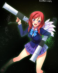Rule 34 | 10s, 1girl, black socks, blush, bow, breasts, company connection, dual wielding, feathers, gundam, highres, holding, jacket, large breasts, looking at viewer, love live!, love live! school idol project, m1 bazooka, mobile suit gundam, nishikino maki, open mouth, pleated skirt, purple eyes, red hair, rocket launcher, school uniform, short hair, skirt, socks, solo, sunrise (company), weapon, yu-ta
