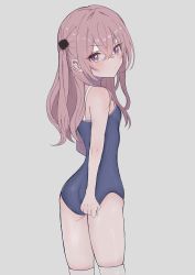 Rule 34 | 1girl, absurdres, adjusting clothes, adjusting swimsuit, ass, blue one-piece swimsuit, blush, breasts, brown hair, clothes pull, from behind, grey background, highres, idada (zvny7854), inui sajuna, long hair, looking at viewer, looking back, one-piece swimsuit, one-piece swimsuit pull, pink eyes, pulled by self, school swimsuit, simple background, small breasts, solo, sono bisque doll wa koi wo suru, swimsuit, thighhighs, thighs, white thighhighs