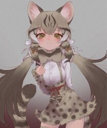 Rule 34 | 1girl, animal ears, bow, bowtie, cat ears, cat girl, cat tail, extra ears, geoffroy&#039;s cat (kemono friends), green eyes, grey background, grey hair, highres, kemono friends, long hair, looking at viewer, notora, ribbon, shirt, simple background, skirt, solo, suspenders, tail, twintails