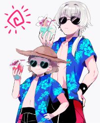 Rule 34 | 10s, 2boys, abe (kumayu), abs, black male swimwear, black swim trunks, cup, drinking straw, flower, glasses, grey background, hand on own hip, hat, heart, heart-shaped eyewear, heart-shaped sunglasses, highres, himeno kanon, holding, holding cup, idolmaster, idolmaster side-m, kizaki ren, male focus, male swimwear, multiple boys, navel, open clothes, open shirt, ponytail, shirt, silver hair, simple background, smile, straw hat, sunglasses, swim trunks, swimsuit, wristband