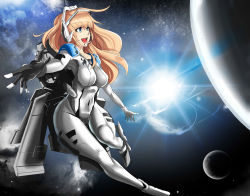 Rule 34 | 1girl, :d, blonde hair, blue eyes, breasts, covered navel, curvy, female focus, gloves, gradient background, large breasts, long hair, machinery, macline, open mouth, personification, planet, shoulder pads, skin tight, smile, solo, space, spacesuit, star citizen, wide hips