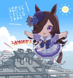 Rule 34 | 1girl, animal ears, blue flower, blue hat, blue rose, blush, brown hair, chibi, cloud, flower, giant, giantess, hair over one eye, hat, hat flower, horizon, horse ears, horse girl, horse tail, long hair, mopiwo, open mouth, outdoors, outstretched arms, pleated skirt, purple eyes, purple shirt, rice shower (umamusume), rose, sailor collar, school uniform, shadow, shirt, skirt, smile, spread arms, sun, tail, thighhighs, tokyo big sight, tracen school uniform, translation request, twitter username, umamusume, wading, water, white skirt