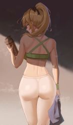 Rule 34 | 1girl, absurdres, alternate costume, arm at side, arm up, ass, ass focus, back, black ribbon, blonde hair, blue eyes, blush, bottle, butt crack, commentary request, eyelashes, female focus, genshin impact, gym uniform, hair ribbon, highres, holding, holding bottle, holding towel, jean (genshin impact), kneepits, looking at viewer, looking back, oro (lsg0624), pants, ponytail, ribbon, shoulder blades, sidelocks, solo, sports bra, standing, steam, sweat, towel, white pants, wristband