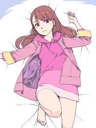 1girl akinbo_(hyouka_fuyou) bare_legs barefoot bed_sheet brown_hair cardigan dress earrings from_above highres hijiri_ageha hirogaru_sky!_precure hood hood_down hooded_sweater jewelry long_hair long_sleeves looking_at_viewer lying on_back pink_cardigan pink_dress pink_sweater precure red_eyes short_dress sketch solo sweater sweater_dress