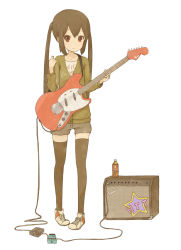 Rule 34 | 1girl, amplifier, bad id, bad pixiv id, black hair, bottle, brown eyes, cardigan, electric guitar, fender (company), fender mustang, guitar, holding guitar, holding instrument, instrument, k-on!, kamo (shiraokamo), long hair, nakano azusa, pigeon-toed, shorts, sidelocks, simple background, solo, standing, thighhighs, twintails, zettai ryouiki
