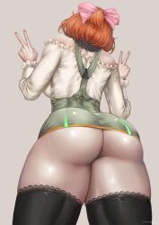 Rule 34 | 1girl, absurdres, ass, ass focus, bare shoulders, black thighhighs, bow, double v, dress, from behind, grey background, hair bow, highres, huge ass, kuon (kwonchanji), lace trim, long sleeves, orange hair, penny polendina, pink hair, rwby, short hair, solo, thick thighs, thighhighs, thighs, v