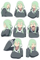 Rule 34 | 1girl, ^ ^, accio, bad id, bad pixiv id, blush, breasts, closed eyes, closed mouth, coat, drooling, expressions, female focus, from side, frown, gloves, gluttony (deadly sins), green eyes, green hair, grin, hair between eyes, high gain torpex, highgain (accho), highres, jitome, large breasts, long hair, matching hair/eyes, multiple views, open mouth, parted lips, pixiv fantasia, pixiv fantasia t, saliva, scratching head, seven deadly sins, sharp teeth, sidelocks, simple background, slit pupils, smile, surprised, sweatdrop, teeth, tongue, uniform, upper body, white background