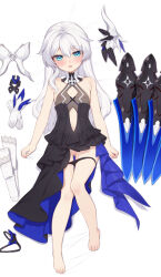 Rule 34 | 1girl, bare shoulders, barefoot, bed sheet, black dress, black panties, blue eyes, breasts, cleft of venus, clothing cutout, collarbone, covered erect nipples, dress, full body, gloves, gluteal fold, hair between eyes, hair down, highres, honkai (series), honkai impact 3rd, long hair, lying, navel, navel cutout, on back, open mouth, panties, panty pull, pussy, sheet grab, small breasts, solo, tama (tamatamo), theresa apocalypse, thigh gap, thighhighs, underwear, unworn gloves, unworn thighhighs, very long hair, white gloves, white hair, white thighhighs