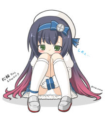 Rule 34 | 1girl, beret, blue bow, blue skirt, blush, bow, closed mouth, commentary request, gloves, gradient hair, green eyes, grey footwear, hat, hugging own legs, juliet sleeves, kantai collection, kneehighs, loafers, long hair, long sleeves, matsuwa (kancolle), multicolored hair, panties, puffy sleeves, purple hair, ri-net, romaji text, school uniform, serafuku, shoes, sitting, skirt, sleeves past wrists, socks, solo, translation request, twitter username, underwear, very long hair, white background, white gloves, white hat, white panties, white socks