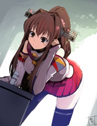 Rule 34 | 10s, 1girl, brown eyes, brown hair, detached sleeves, drinking fountain, flower, hair flower, hair intakes, hair ornament, tucking hair, kantai collection, long hair, momo (higanbana and girl), personification, ponytail, sexually suggestive, skirt, solo, thighhighs, yamato (kancolle)