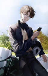 Rule 34 | 1boy, absurdres, belt, bespectacled, black belt, black jacket, black pants, black shirt, blue eyes, blue sky, blurry, blurry background, brown cardigan, brown hair, cardigan, carrying, carrying under arm, cellphone, closed mouth, commentary, day, earrings, glasses, hattori heiji, helmet, highres, holding, holding phone, jacket, jewelry, long sleeves, looking at viewer, male focus, man do, meitantei conan, motor vehicle, motorcycle, motorcycle helmet, open clothes, open jacket, outdoors, pants, parted bangs, phone, round eyewear, shirt, short hair, sky, smartphone, smile, solo, stud earrings, tree, turtleneck