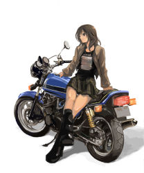 Rule 34 | 1girl, black eyes, boots, brown hair, clothes writing, contemporary, crossed legs, female focus, jacket, leaning back, motor vehicle, motorcycle, shihira tatsuya, shirt, sitting, skirt, smile, solo, vehicle