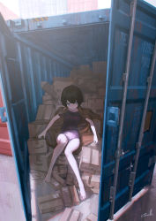 Rule 34 | 1girl, barefoot, black hair, blue eyes, box, cardboard box, day, foreshortening, highres, jacket, leotard, looking at viewer, lying, open clothes, open door, open jacket, original, reoen, shipping container, short hair, signature, solo